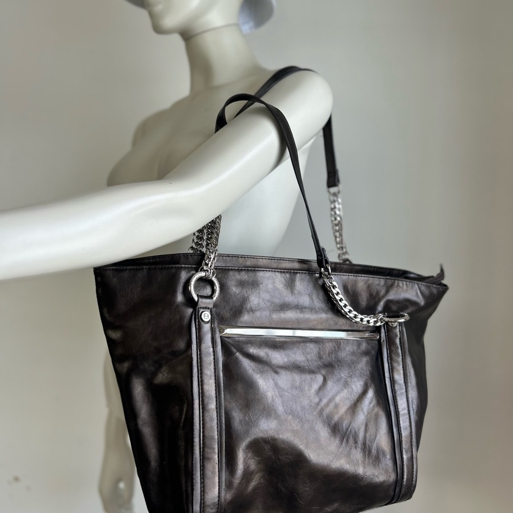 Elegant Black Leather Tote Bag ellen tracy bronze glossy Elegant Brown Leather T
